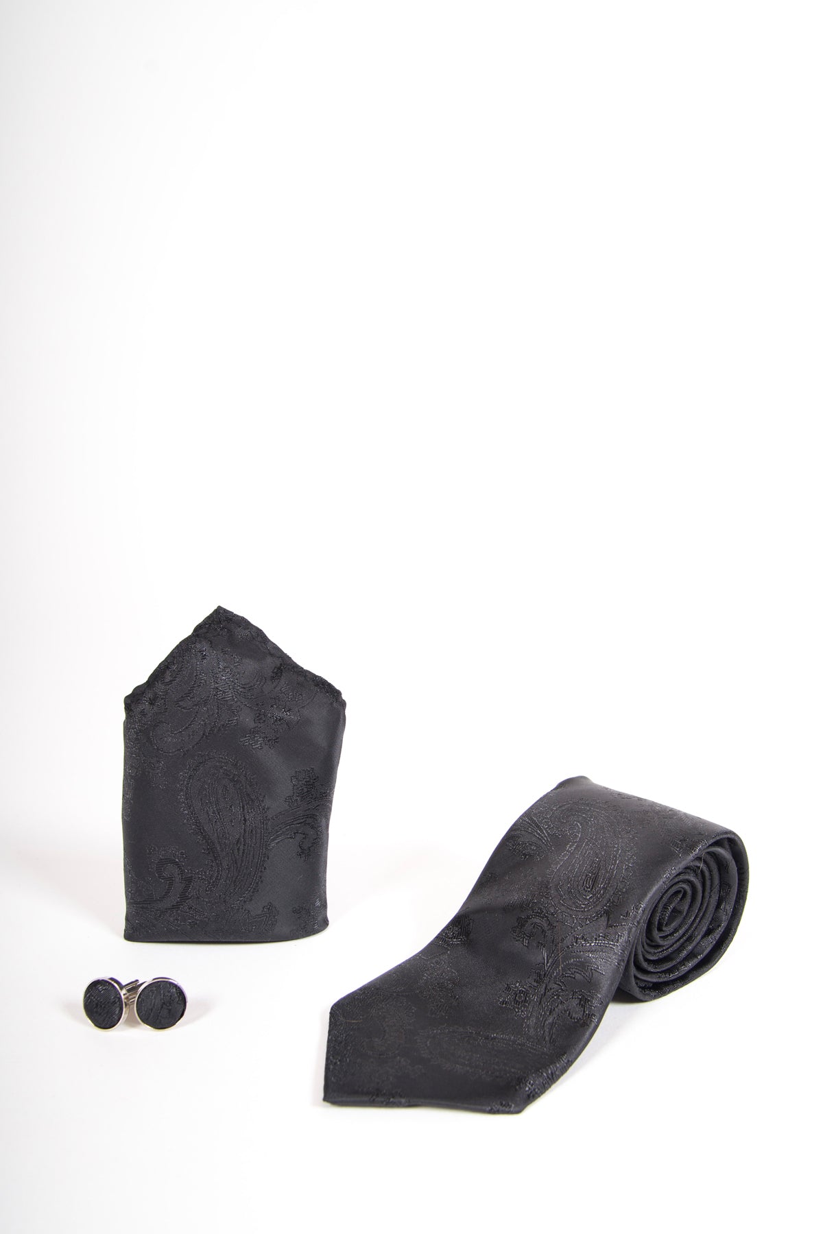 Black Paisley Print Tie set- Tie, pock square, cufflinks.