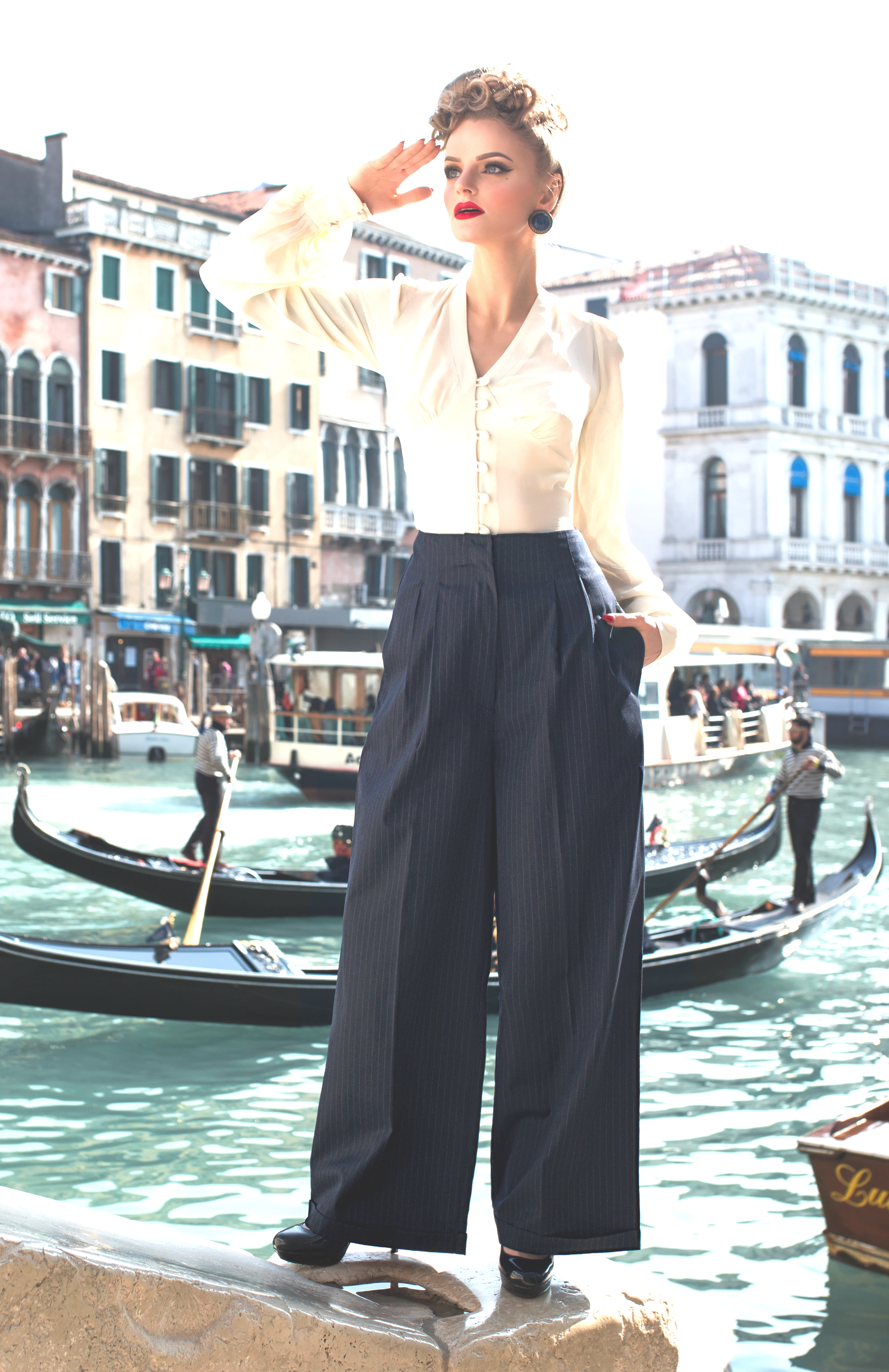 Navy Pinstripe Audrey Trousers - 1940s Style